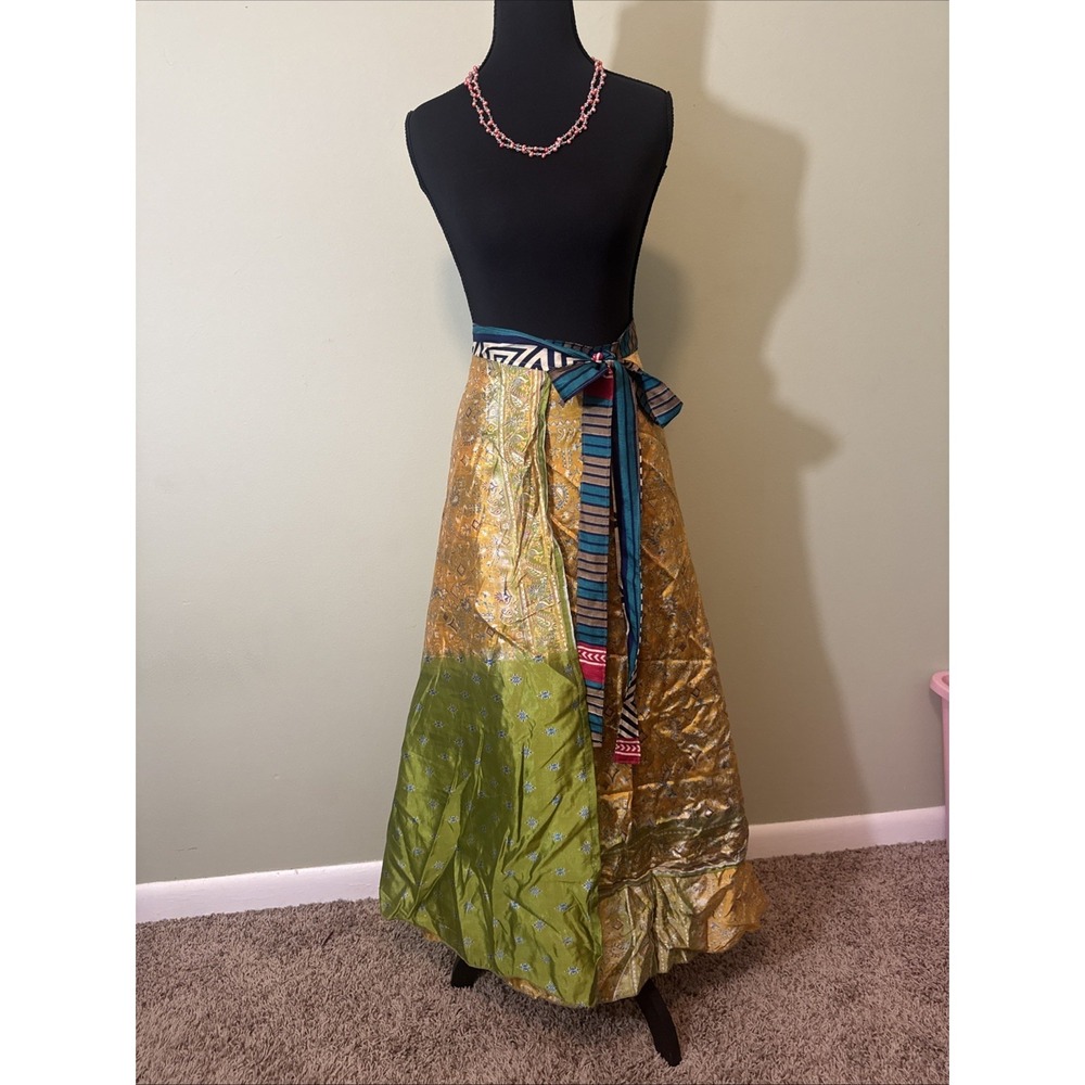 Boho Wrap Skirt Silk Reversible Maxi W/ Tie Sides Festival Hippie Gypsy Colorful